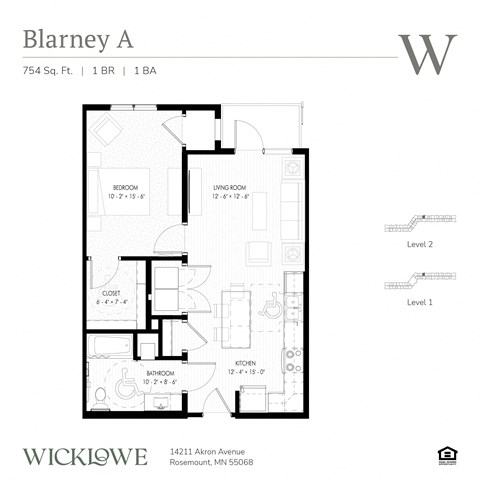 Floor plan for 1 bed, 1 bath, 755 sqft